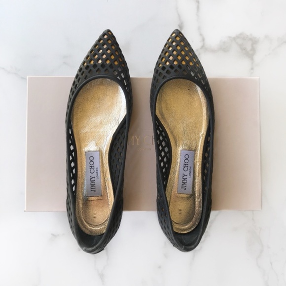 AUTHENTIC Jimmy Choo Black Gianna Pointed Toe Flats Size 38 - Picture 1 of 8